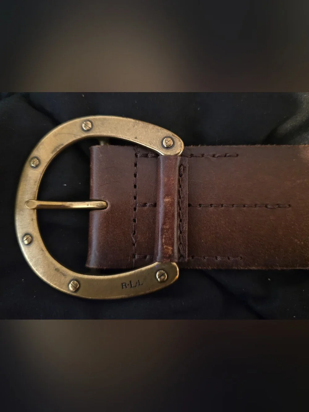 Ralph Lauren Dark Brown Leather Belt with Brass Horseshoe Buckle